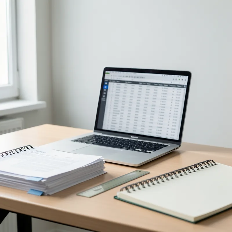 Bureau de courtage avec un dossier de financement ouvert, une calculatrice et un plan d&rsquo;appartement