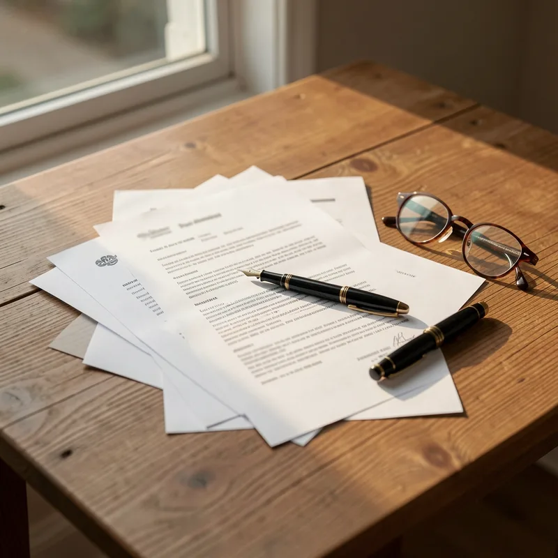 Documents de prêt et stylo posés sur une table en bois près d&rsquo;une fenêtre
