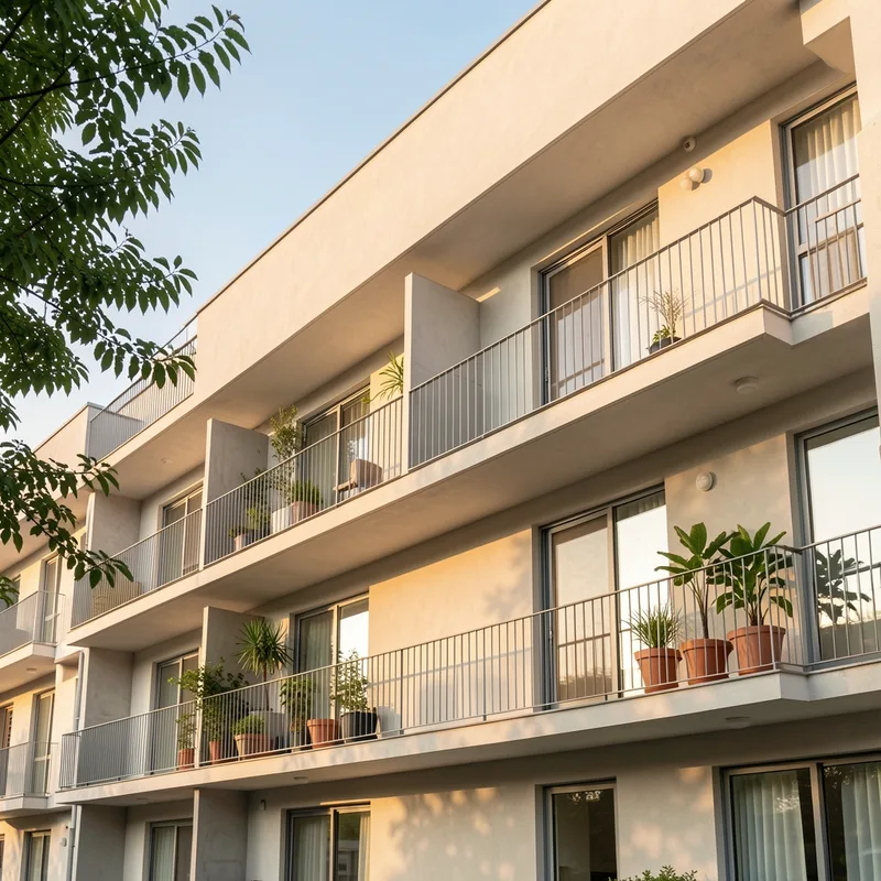 Façade d&rsquo;un immeuble résidentiel avec balcons en fin d&rsquo;après-midi