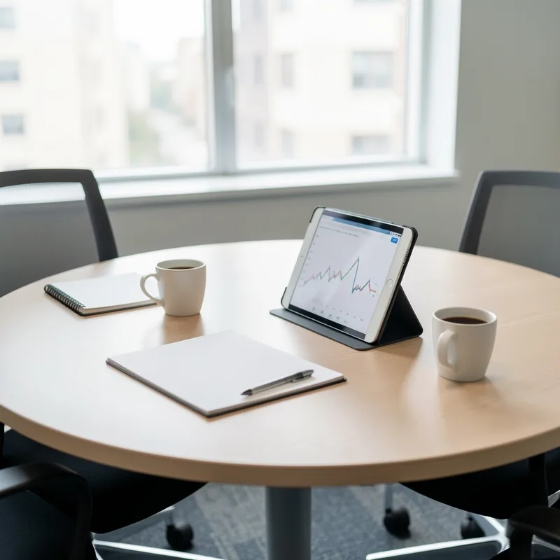 Table de rendez-vous avec deux tasses de café et une tablette affichant un graphique