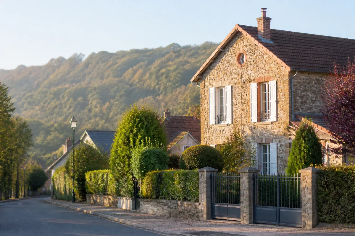 Vue d&rsquo;un coteau boisé dominant la vallée de l&rsquo;Oise au petit matin