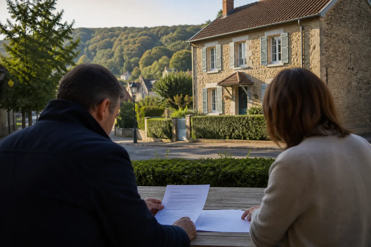 Deux personnes lisant attentivement un contrat immobilier posé sur une table en bois