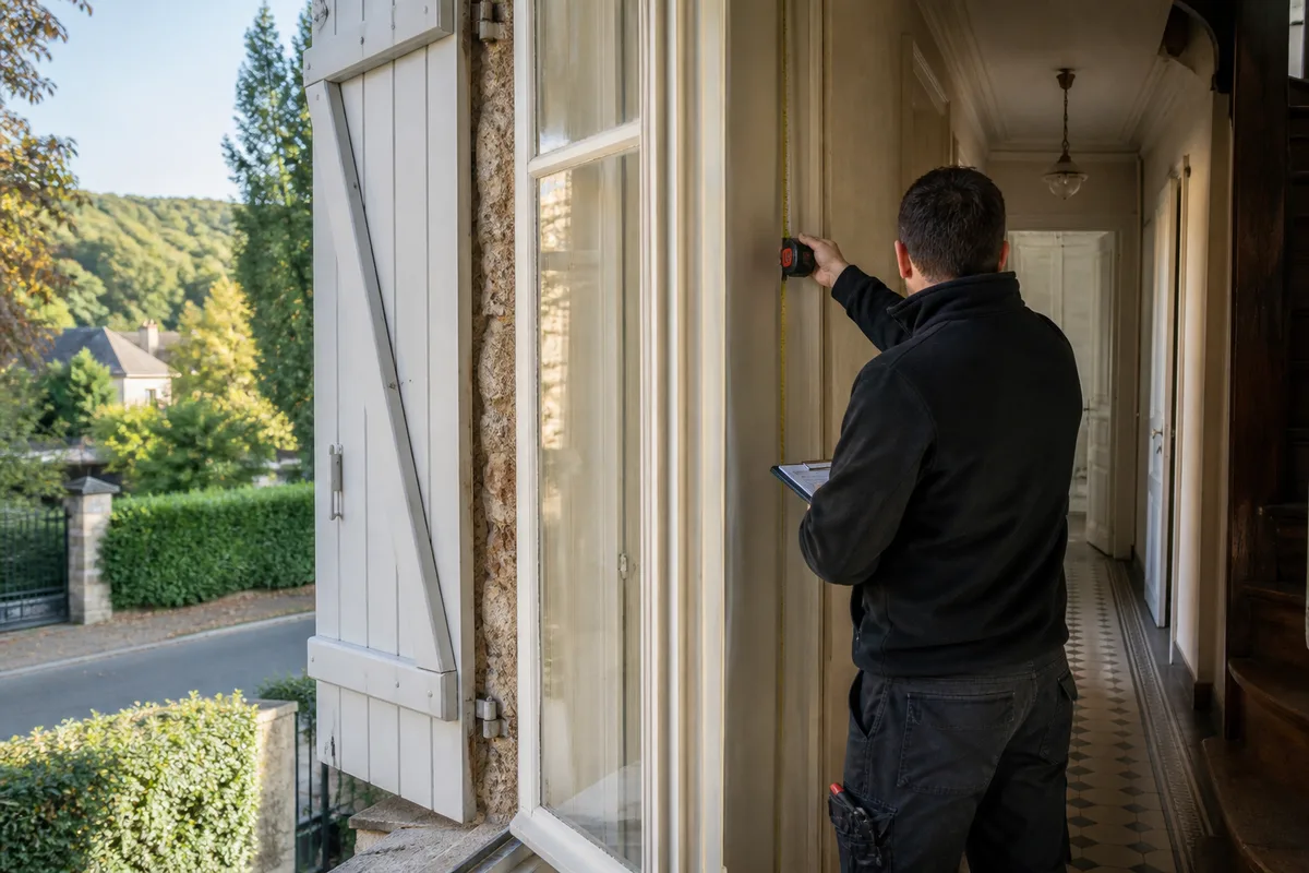 Technicien relevant des mesures dans le couloir d&rsquo;un logement ancien