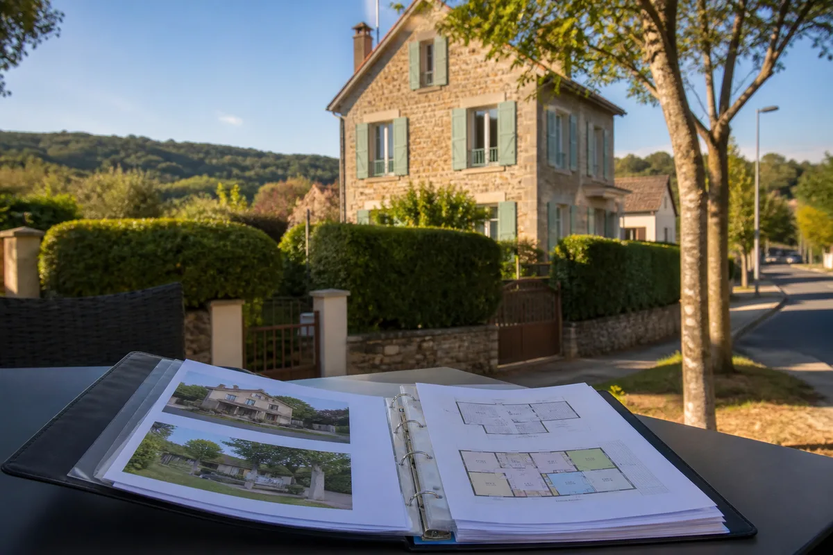 Classeur ouvert contenant des rapports techniques et des plans de logement