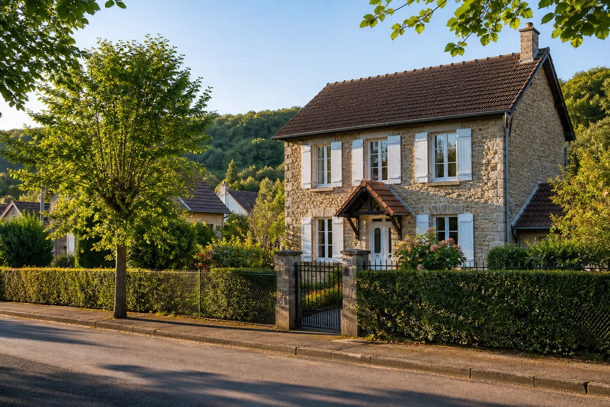 Maison individuelle avec jardin observée depuis la rue par temps clair