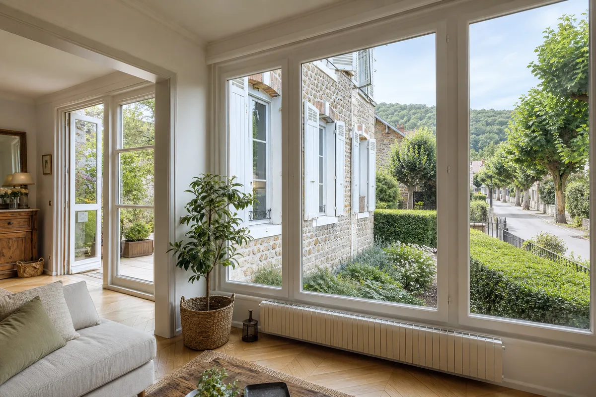 Pièce de vie lumineuse avec grandes fenêtres et parquet en bois clair