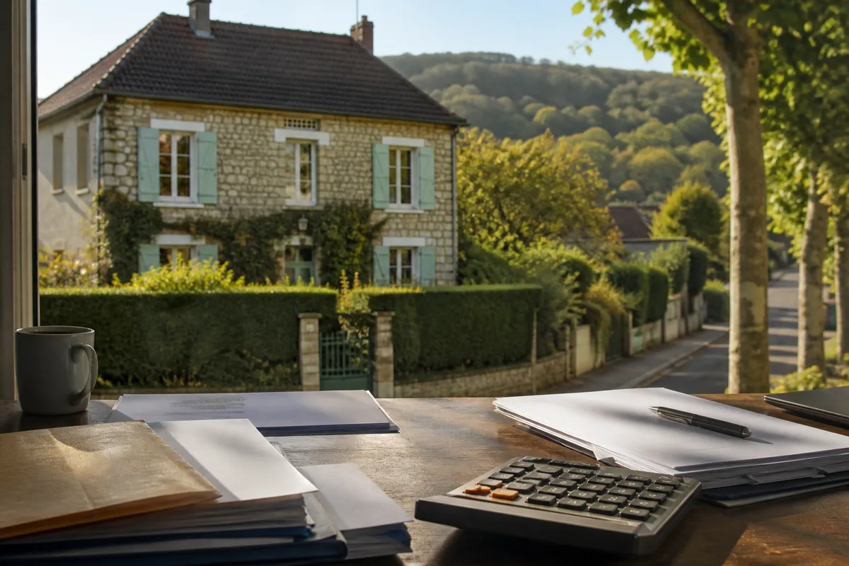 Documents administratifs et calculatrice posés sur un bureau lors d&rsquo;un rendez-vous