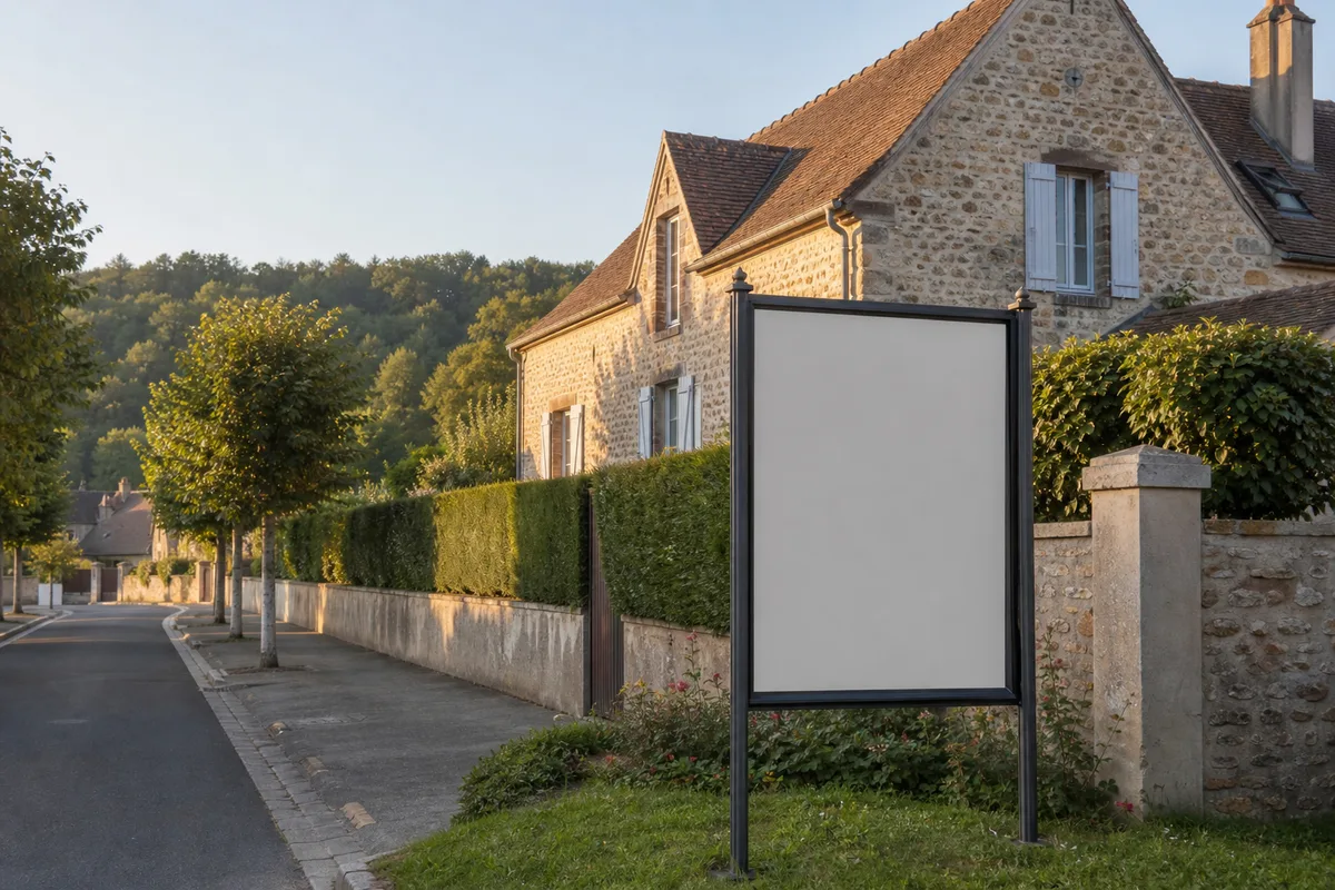 Panneau administratif d&rsquo;une mairie française devant une façade en pierre