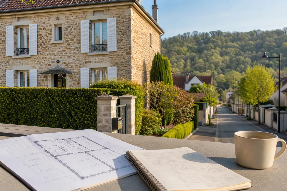 Plan d&rsquo;un appartement posé à côté d&rsquo;un carnet de comptes et d&rsquo;une tasse