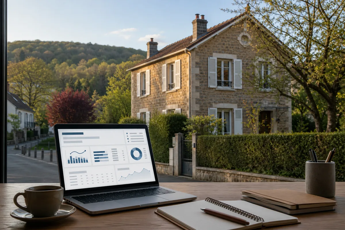Table de travail avec un ordinateur portable affichant un tableau de simulation